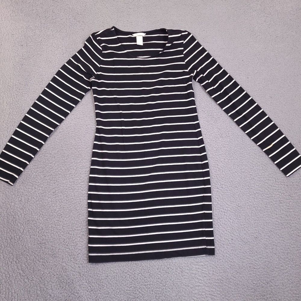 H&M‎ Basic Dress Womens Small Black White Striped Midi Basic Long Sleeve